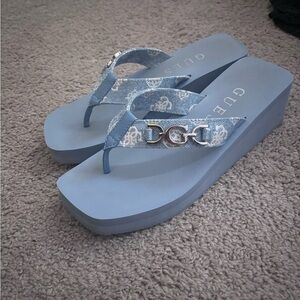 Guess Women's Edany Buckle Light Blue Wedge Sandals